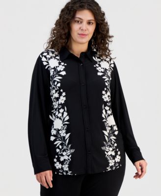 Anne Klein - Plus Size Printed Long-Sleeve Blouse
