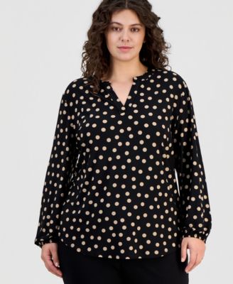 Anne Klein Essentials - Plus Size Printed Split-Neck Top