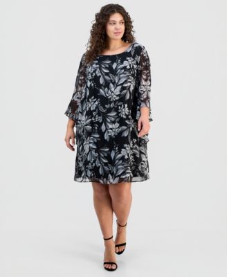 Connected - Plus Size Printed Ruffled-Bell-Sleeve Chiffon Dress