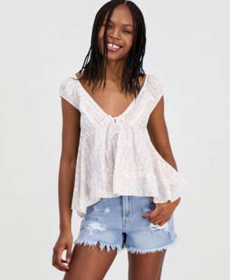 Self Esteem - Juniors' Lace-Inset Peasant Top