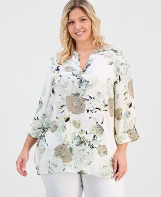 Anne Klein Essentials - Plus Size Printed V-Neck Blouse