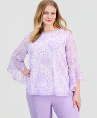 Kasper - Plus Size Printed Ruffled-Sleeve Blouse
