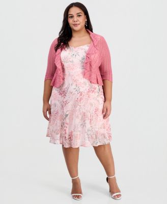 Connected - Plus Size 2-Pc. Floral Chiffon Sleeveless Dress and Ruffle-Front Jacket