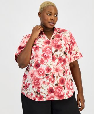 Anne Klein Essentials - Plus Size Printed Button-Front Shirt