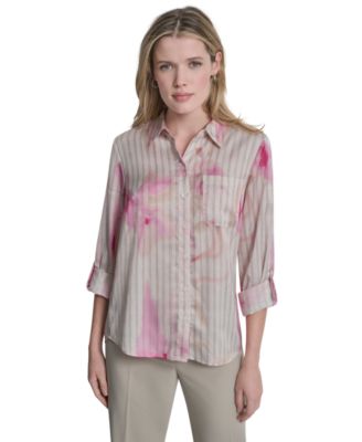 DKNY - Petite Woven Roll Tab Button-Front Shirt