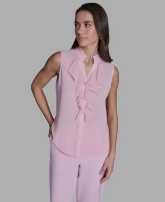 BCBG - Women's Sleeveless V-Neck Ruffle Front Blouse