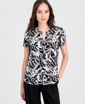 Anne Klein Essentials - Petite Tulip-Sleeve Printed Split-Neck Top