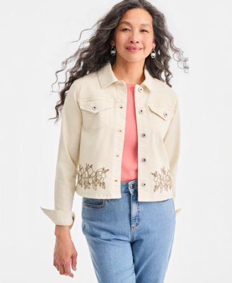 Style & Co - Petite Cropped Embroidered Denim Collared Jacket