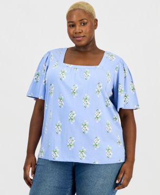 Style & Co - Plus Size Short Flutter-Sleeve Square-Neck Knit Top