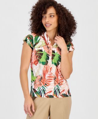 Kasper - Petite Printed Cap-Sleeve V-Neck Top