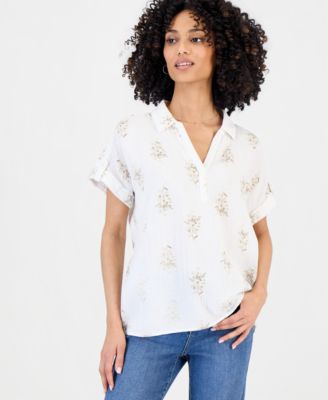 Style & Co - Petite Cotton Printed Collared Popover Top