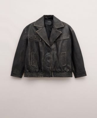 MANGO - Women's Leather Oversized Buttoned Jacket